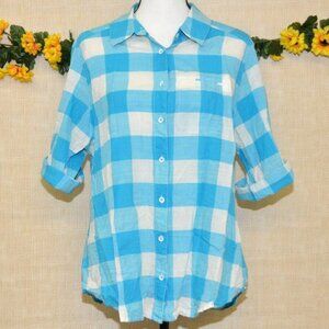 Foxcroft Women's Plus Size 14W Blue Plaid Button Front Blouse Top Cotton Pocket